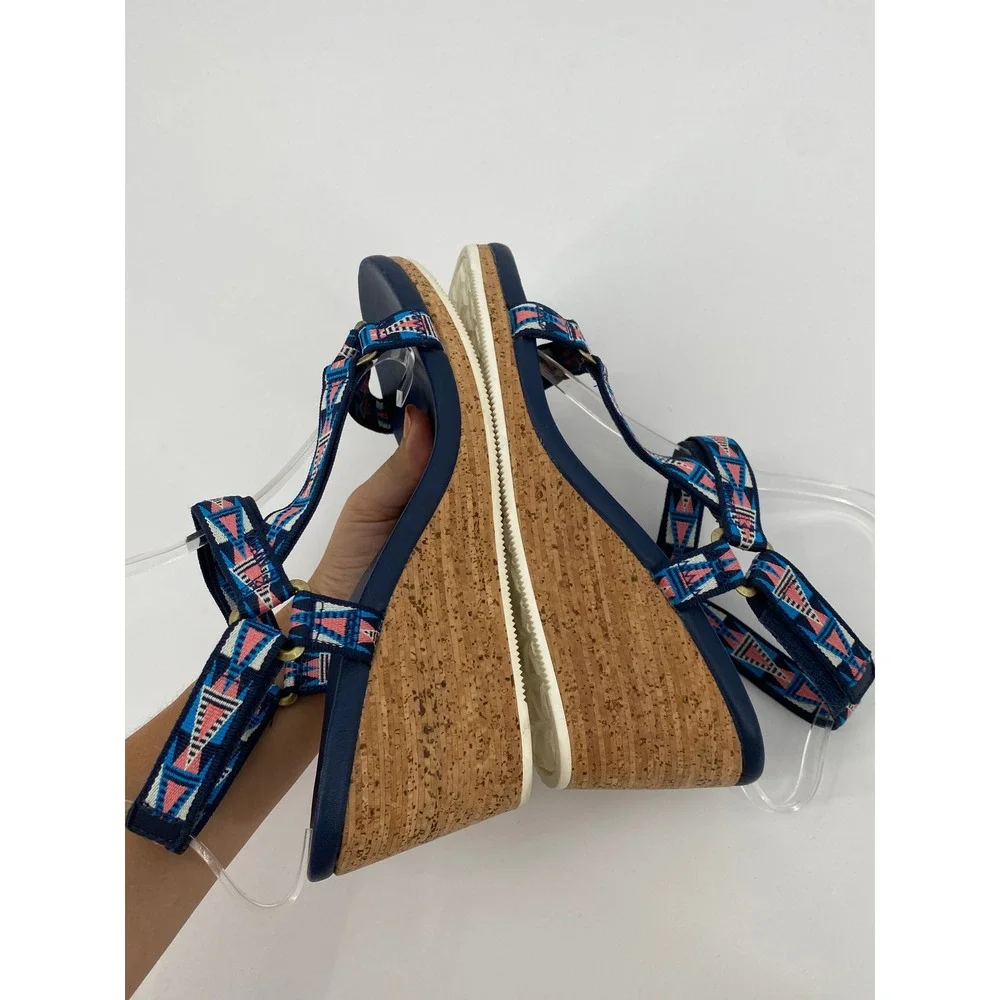 Teva Zirra Cork Wedge Sandals Women 10 Navy Blue Geometric‎ Strappy Boho